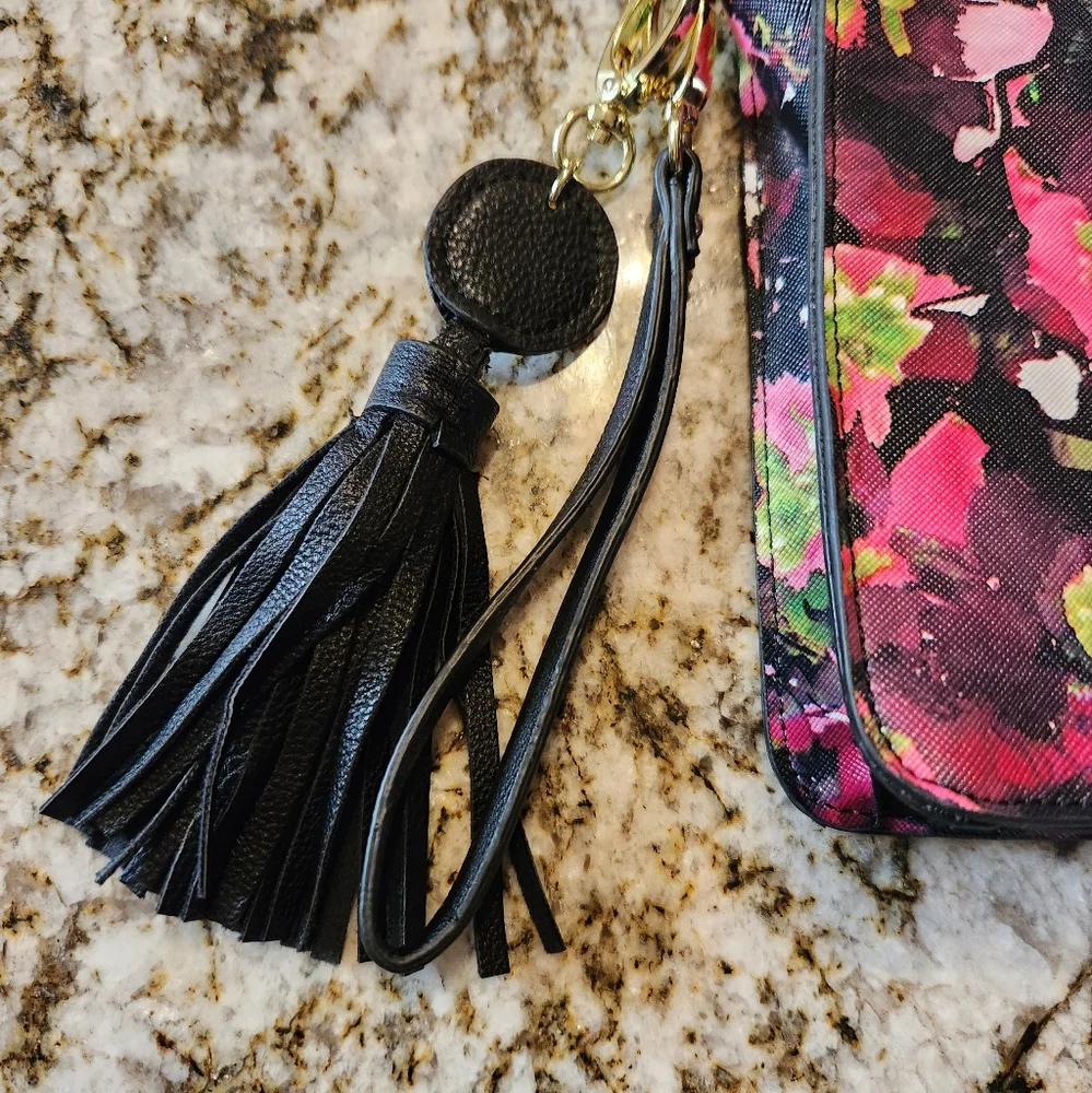 Steve Madden Wristlet, Black Pink Floral Clutch Wallet EUC Tassel Vegan Leather